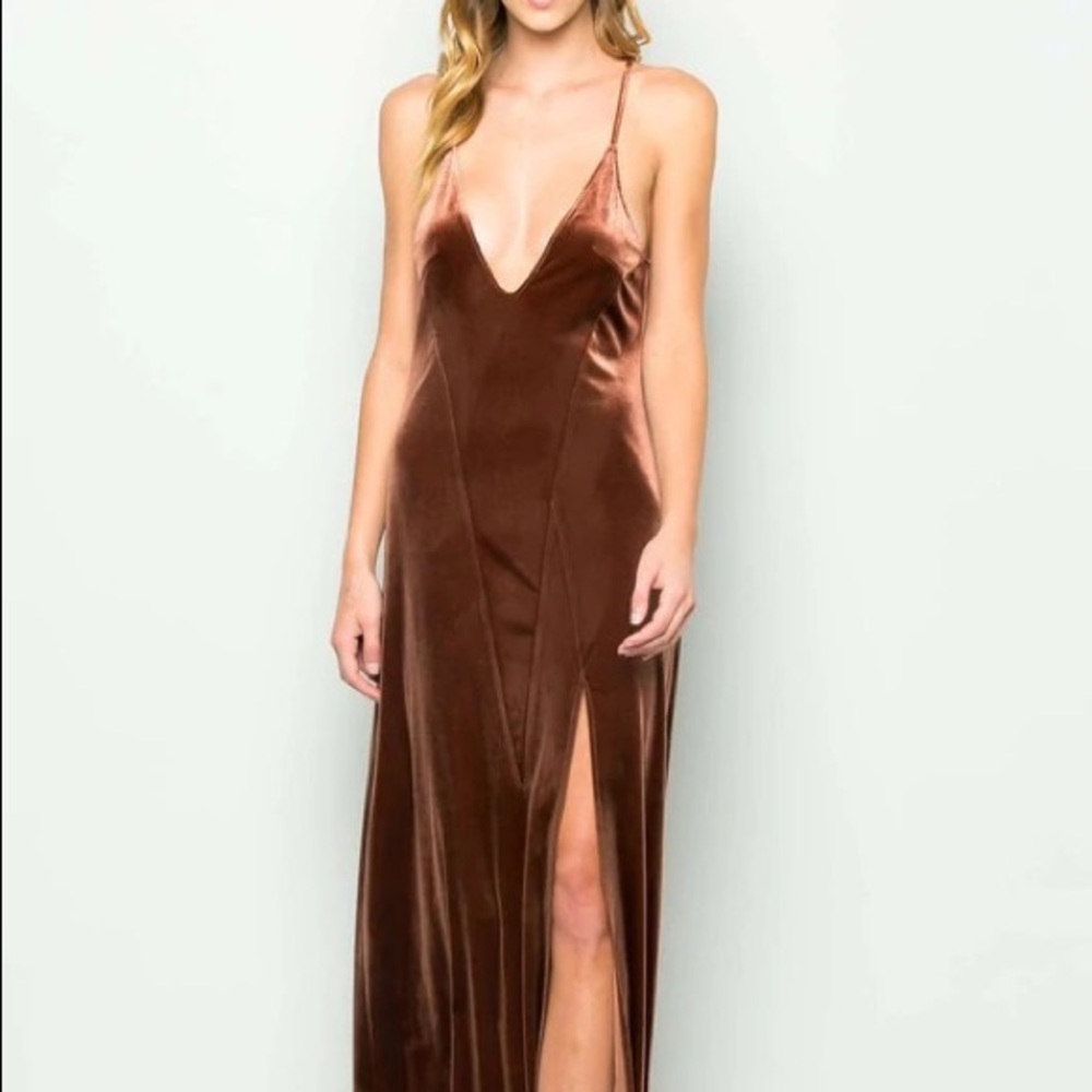 COPPER VELVET DEEP V NECK SIDE SLIT MAXI DRESS